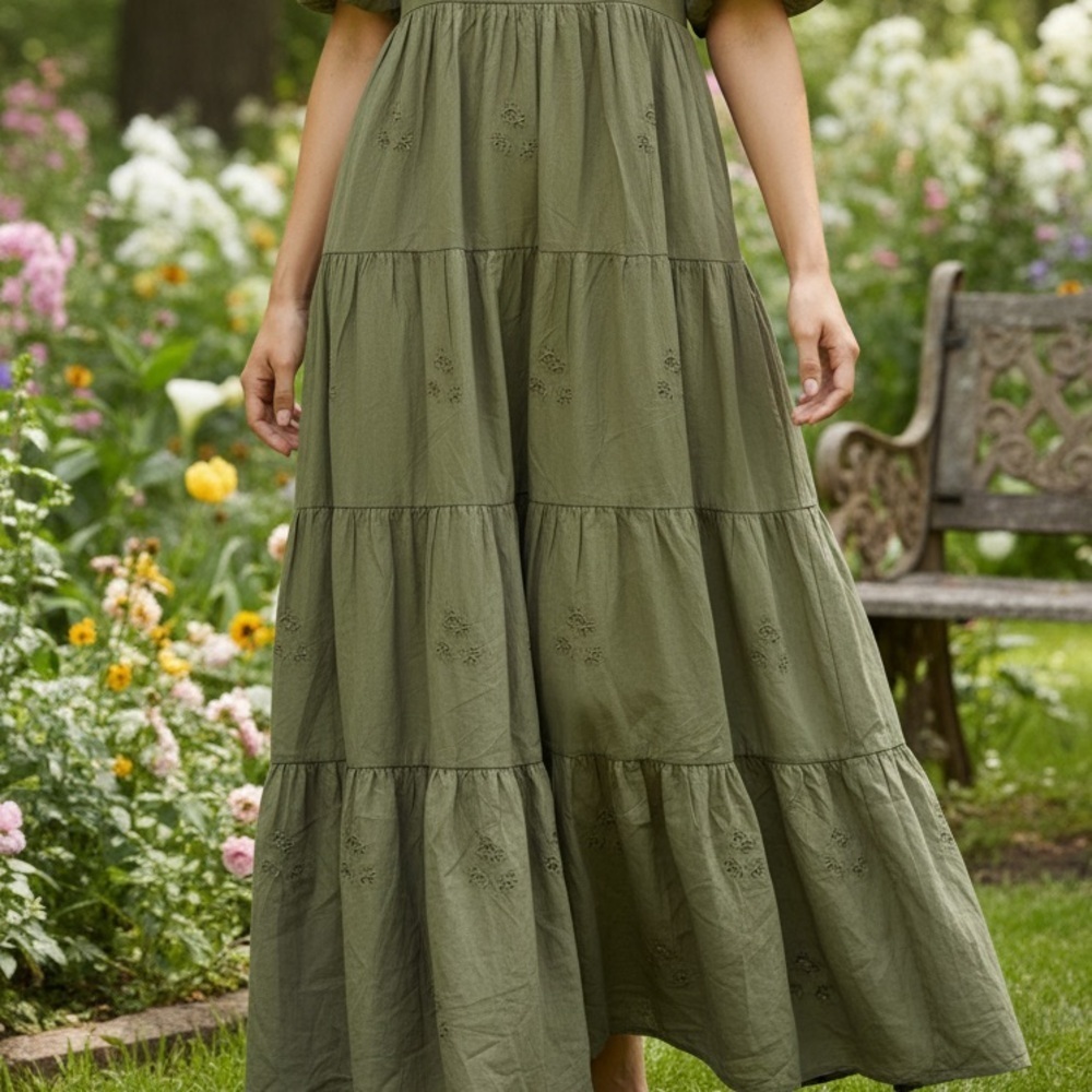 Olive Tiered V-Neck Maxi Dress with Flutter Sleeves - Picture 2 of 8